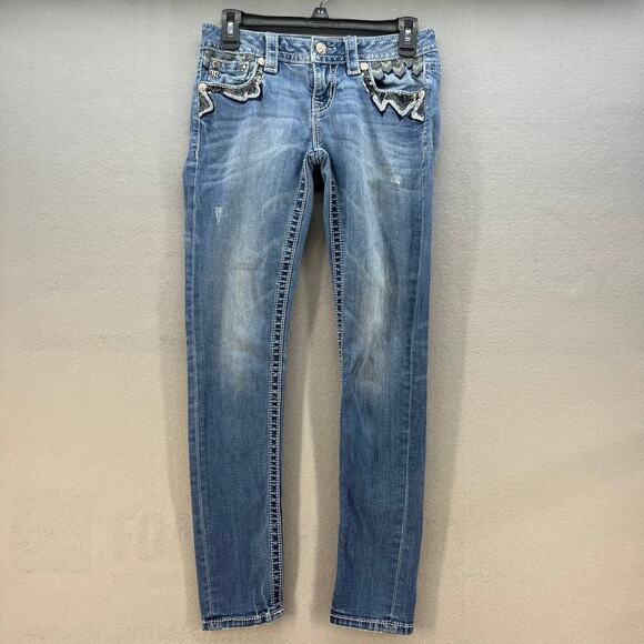 Miss Me Jeans Women's Size 26 (2) Signature Skinny Southwestern Feather Bling - Picture 2 of 16